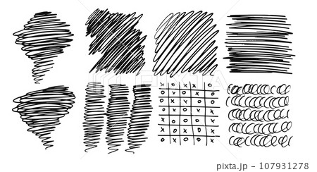 Pattern, texture, line hand drawn. Hatch drawing pen ink and crosshatch draw pencil sketch. Doodle scratch style. Black shape isolated on white background. Vintage graphic design. Vector illustration 107931278