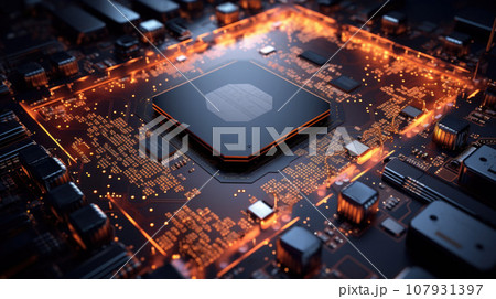 Glowing modern processor. Big illuminated graphic processor surrounding by other electrical components Glowing modern processor. Big illuminated graphic processor surrounding by other electrical components 107931397