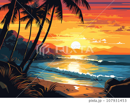ヤシの木のある海の日の出の風景のイラスト素材 [107931453] - PIXTA