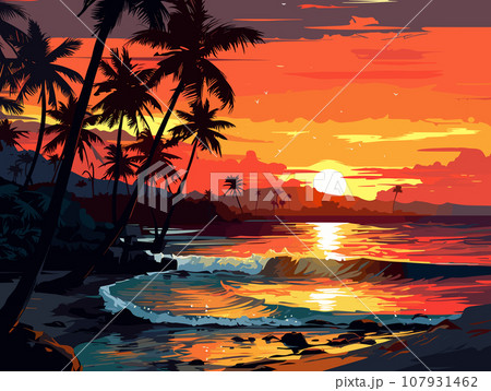 ヤシの木のある海の日の出の風景のイラスト素材 [107931462] - PIXTA