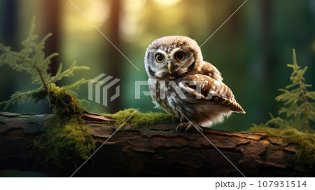 View of spotted owlet perched on a tree branch 107931514