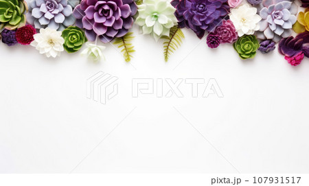 Mix Succulent plants top corner frame arrangement top view on white background Mix Succulent plants top corner frame arrangement top view on white background 107931517