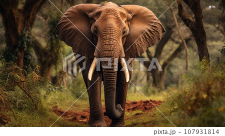African Bush Elephants - Loxodonta africana family walking on the road in wildlife reserve 107931814