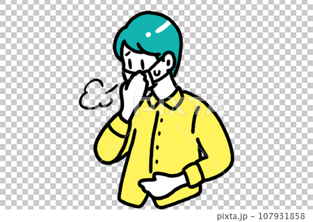 一名戴著口罩的男子因感覺不舒服而咳嗽 107931858
