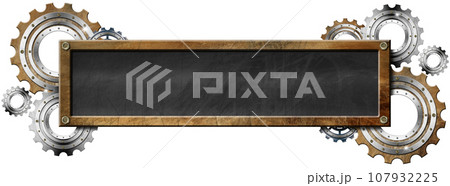 Empty Blackboard with Metal Frame and Cogwheels Isolated on White 107932225