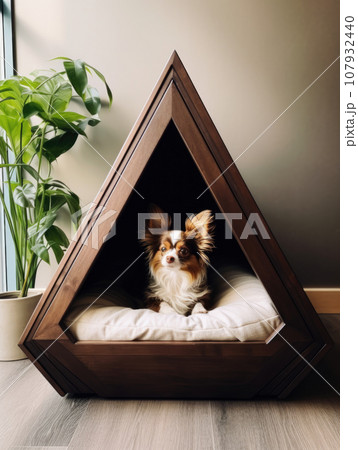 Dog sitting in pet booth. Cozy house inside interior 107932440