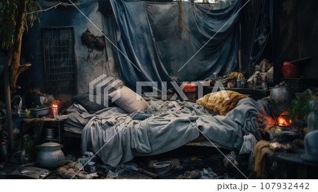 Abandoned vagrant bedroom in old house ruins Abandoned vagrant bedroom in old house ruins 107932442