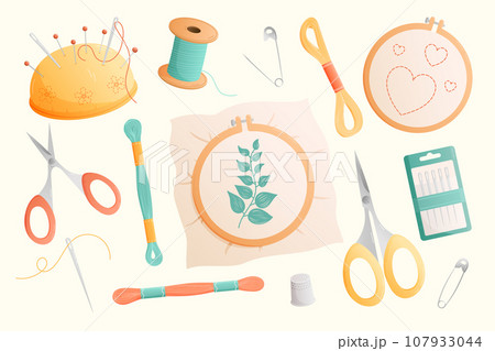 Set of tools for hobby, embroidery needlework, hoop, thread, needle, floss, scissors and pincushion. Cartoon vector illustration Set of tools for hobby, embroidery needlework, hoop, thread, needle, floss, scissors and pincushion. Cartoon vector illustration 107933044