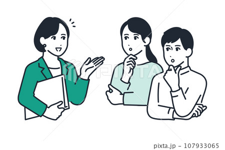 女性プランナーへ相談する若い夫婦のシンプルなベクターイラスト素材 107933065