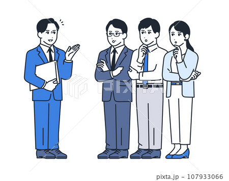 男性アドバイザーから説明を受ける3人の会社員のシンプルな全身イラスト素材 男性アドバイザーから説明を受ける3人の会社員のシンプルな全身イラスト素材 107933066