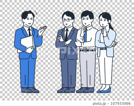 男性アドバイザーから説明を受ける3人の会社員のシンプルな全身イラスト素材 男性アドバイザーから説明を受ける3人の会社員のシンプルな全身イラスト素材 107933066