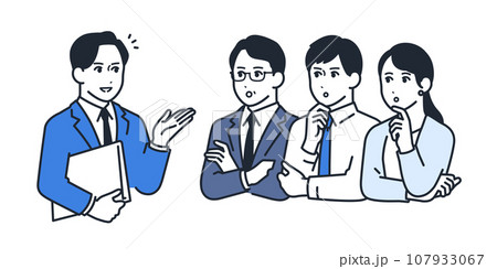 男性アドバイザーへ相談する3人の会社員のシンプルなベクターイラスト素材 107933067