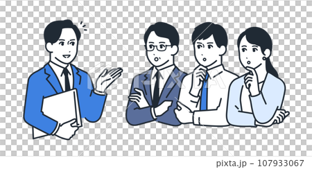 男性アドバイザーへ相談する3人の会社員のシンプルなベクターイラスト素材 107933067