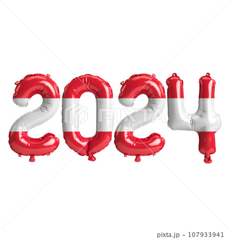 3d illustration of letter about new year 2024 with balloons on color Austria flag 107933941