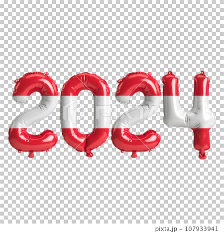 3d illustration of letter about new year 2024 with balloons on color Austria flag 107933941