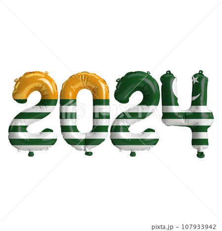 3d illustration of letter about new year 2024 with balloons on color Azad Kashmir flag 107933942