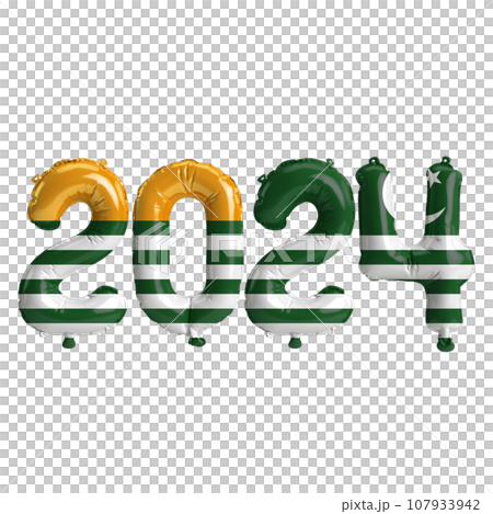 3d illustration of letter about new year 2024 with balloons on color Azad Kashmir flag 107933942