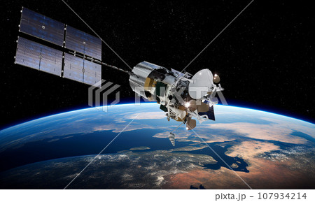 Modern telecommunication satellite at the Earth orbit Modern telecommunication satellite at the Earth orbit 107934214