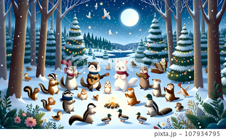 冬の森で動物たちがクリスマスパーティーのイラスト素材