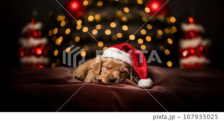A golden retriever puppy in a red father Christmas hat. Generative Ai. 107935025