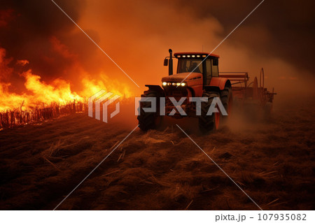 Fire in an agricultural field and tractor....のイラスト素材 [107935082] - PIXTA