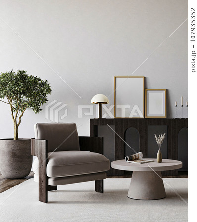 Modern gray livingroom with armchair, console and tree background. Dark luxury interior design. 3d rendering mock up. High quality 3d illustration Modern gray livingroom with armchair, console and tree background. Dark luxury interior design. 3d rendering mock up. High quality 3d illustration 107935352