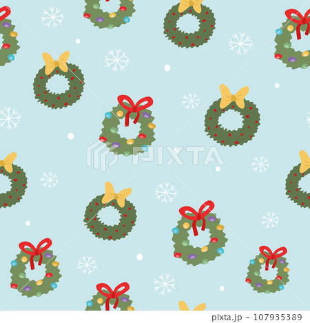 Christmas and winter themed seamless pattern, with Christmas wreaths and white snowflakes on light blue background Christmas and winter themed seamless pattern, with Christmas wreaths and white snowflakes on light blue background 107935389