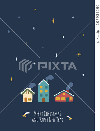 Christmas greeting card with winter themes, blue background and the text Merry Christmas and Happy New Year Christmas greeting card with winter themes, blue background and the text Merry Christmas and Happy New Year 107935390