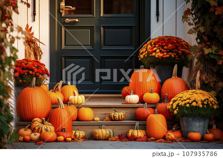 entrance of a house decorated with pumpkins for thanksgiving 107935786