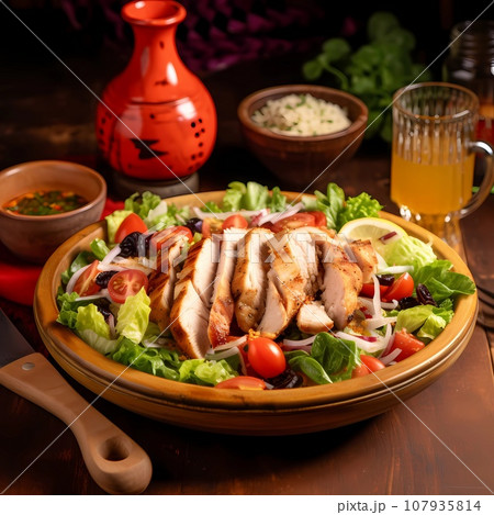 Chicken Caesar salad cherry tomatoes in a brown dish on a served table Chicken Caesar salad cherry tomatoes in a brown dish on a served table 107935814
