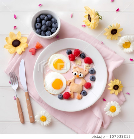 Children healthy breakfast eggs blueberries raspberries Beautiful table setting 107935815
