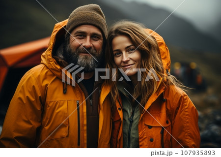Portrait of cheerful young couple in the mountains against the backdrop of a tent camp. Happy family in bright outwear is engaged in mountain trekking. Active lifestyle, tourism and vacation concept. 107935893