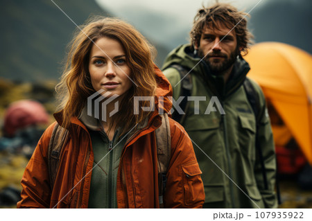 Portrait of cheerful young couple in the mountains against the backdrop of a tent camp. Happy family in bright outwear is engaged in mountain trekking. Active lifestyle, tourism and vacation concept. 107935922