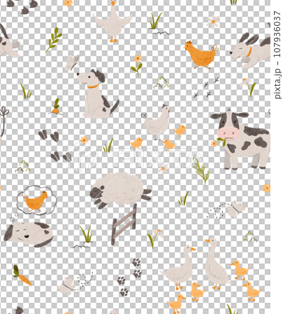 Cartoon Village map seamless pattern. Background of a farm with barn, windmill, funny animals, plants. Perfect for textile, fabric, paper, games, play mat. Hand drawn digital illustration Cartoon Village map seamless pattern. Background of a farm with barn, windmill, funny animals, plants. Perfect for textile, fabric, paper, games, play mat. Hand drawn digital illustration 107936037