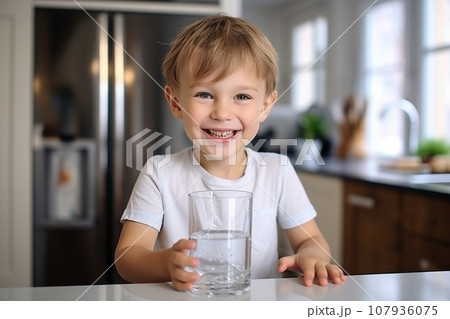 Cute little boy drinking water in the kitchen. Close-up portrait of cheerful smiling kid with a glass of pure water. Water purification concept. Kitchen water filters and clean water. Cute little boy drinking water in the kitchen. Close-up portrait of cheerful smiling kid with a glass of pure water. Water purification concept. Kitchen water filters and clean water. 107936075