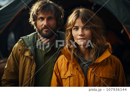 Portrait of happy young couple in the mountains against the backdrop of a tent camp. Caucasian family in outwear is engaged in a mountain hike. Active lifestyle, tourism and vacation concept. Portrait of happy young couple in the mountains against the backdrop of a tent camp. Caucasian family in outwear is engaged in a mountain hike. Active lifestyle, tourism and vacation concept. 107936144