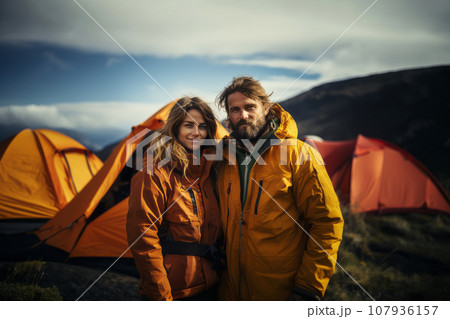 Portrait of happy young couple in the mountains against the backdrop of a tent camp. Caucasian family in outwear is engaged in a mountain hike. Active lifestyle, tourism and vacation concept. 107936157