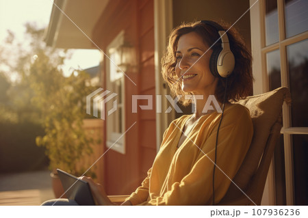 Charming woman wearing headphones and holding tablet sits in a comfortable armchair at country house. Middle-aged Caucasian lady listens to music and browses the Internet in the silence of her garden. Charming woman wearing headphones and holding tablet sits in a comfortable armchair at country house. Middle-aged Caucasian lady listens to music and browses the Internet in the silence of her garden. 107936236