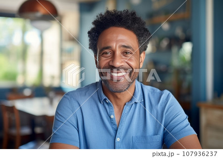 Close-up portrait of smiling middle-aged African American man in casual clothes sitting in cafe. Mature entrepreneur runs successful restaurant business. Happy black guy with confident smile. 107936237