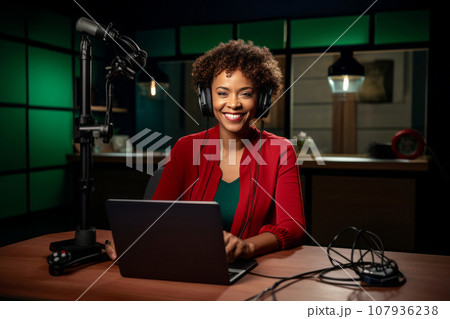 Young beautiful African American woman wearing headphones in a recording studio. Smiling black lady recording news, podcast or blog using microphone, laptop and professional studio equipment. 107936238