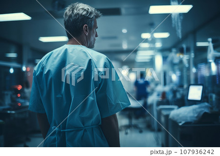Portrait from the back of medical employee in a hospital. Doctors and medical workers take care of patients and perform complex surgeries using modern medical equipment. 107936242