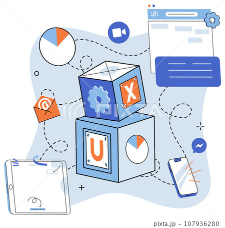 User experience design. Vector illustration. User experience design, method of making user interface as intuitive as possible UX, navigator guiding users through user interface Designing software User experience design. Vector illustration. User experience design, method of making user interface as intuitive as possible UX, navigator guiding users through user interface Designing software 107936280