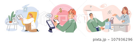 Cashless payment. Vector illustration. Wireless payment systems utilize encryption technology to ensure secure transactions Mobile cashless payments are supported by various platforms Online 107936296