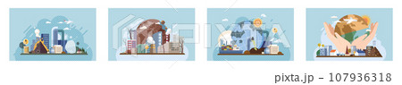 Industrial pollution. Dirty waste. Environmental pollution. Vector illustration. Factory emitting smoke is common sight near industrial zones Toxic waste chemicals are being dumped into rivers 107936318