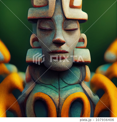 Ethereal guardian. Intense closeup of Maya totem deity's enigmatic face. AI-generated Ethereal guardian. Intense closeup of Maya totem deity's enigmatic face. AI-generated 107936406