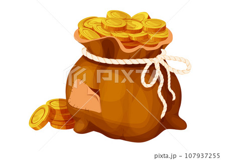 Money bag, sack with golden coins in cartoon style isolated on white. Game element asset success, trophy.  107937255