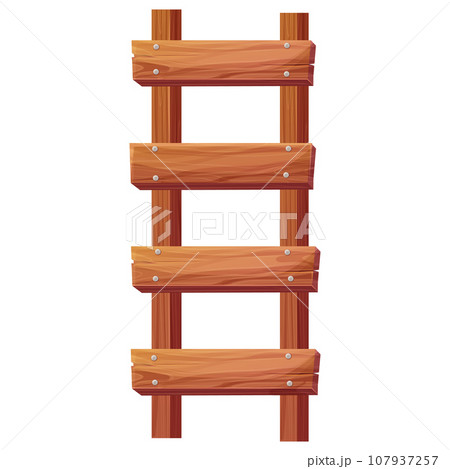 Wooden ladder, stairs portable construction with nails textured in cartoon style isolated on white background. Climbing, wood stairway. 107937257