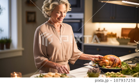 A beautiful well groomed woman housewife in her home kitchen, preparing a turkey for Thanksgiving 107937258