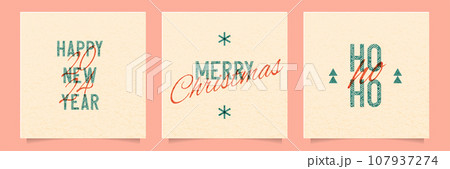 Merry Christmas and Happy New year colorful cards set with retro riso, risograph print effect. Layered geometric letters in vintage trendy style. Cute typography composition. Vector design 107937274