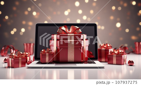 Gift boxes with red satin ribbons on a laptop background. Concept of online shopping, sales season, Black Friday 107937275